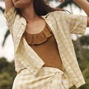 Madewell linen green plaid camp shirt size small